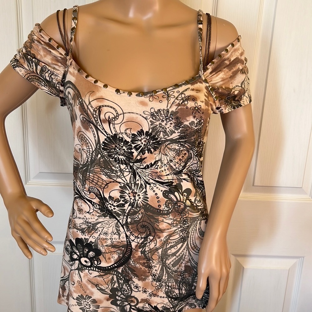Boston Proper peach grey black sparkly studded &chains off the shoulder Shirt S